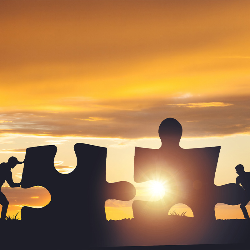 Biodynamische Craniosacraltherapie und Supervision in Lüneburg - Zwei Menschen schieben riesige Puzzelteile aufeinander zu.